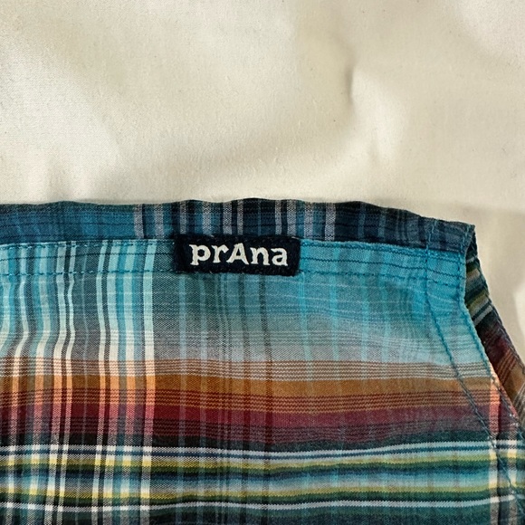 Prana casual button up plaid shirt, vibrant colors, size large - Picture 5 of 5